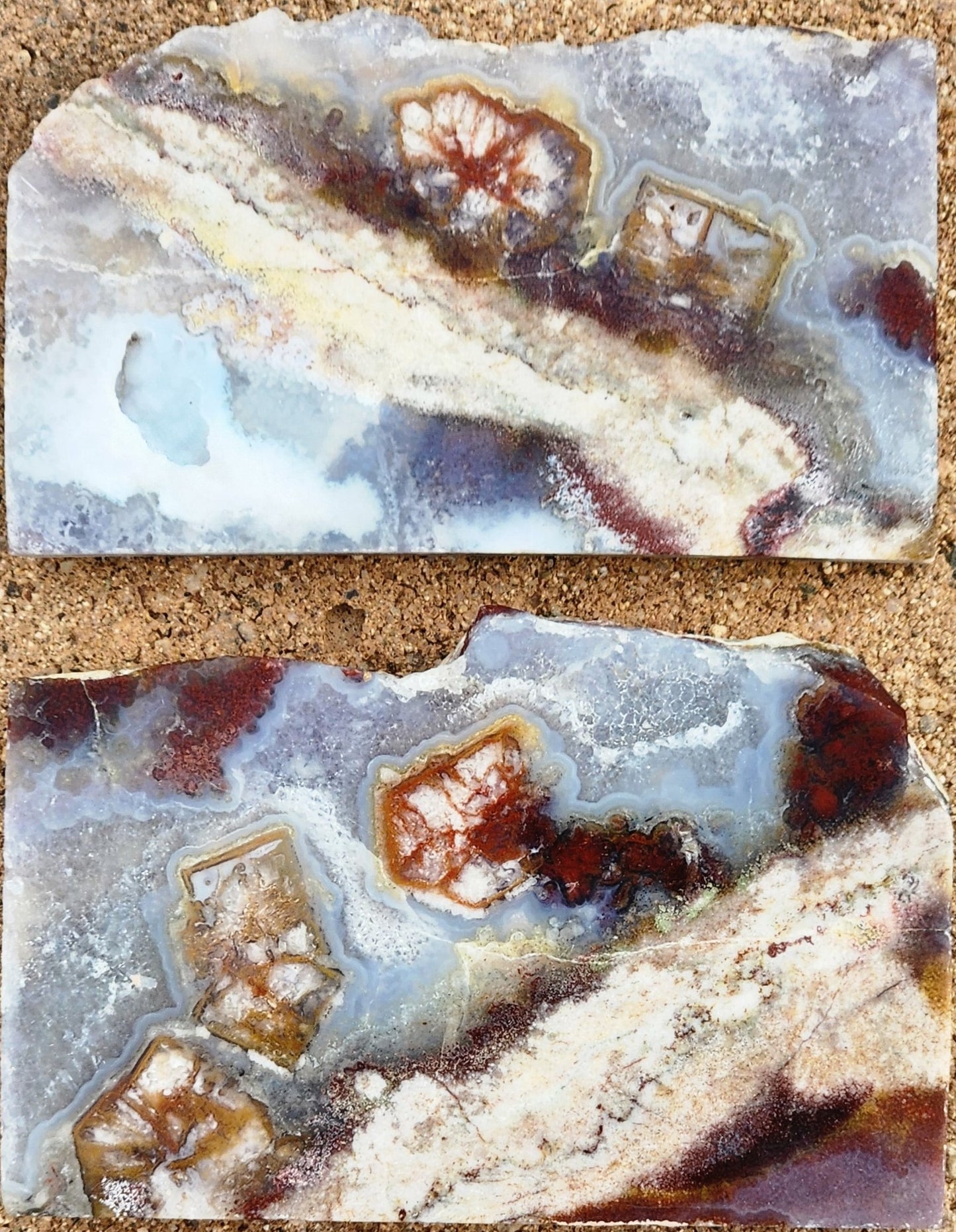 Polished Face Blue Agate/White Onyx with Red Moss and Crystal Pockets (pair)
