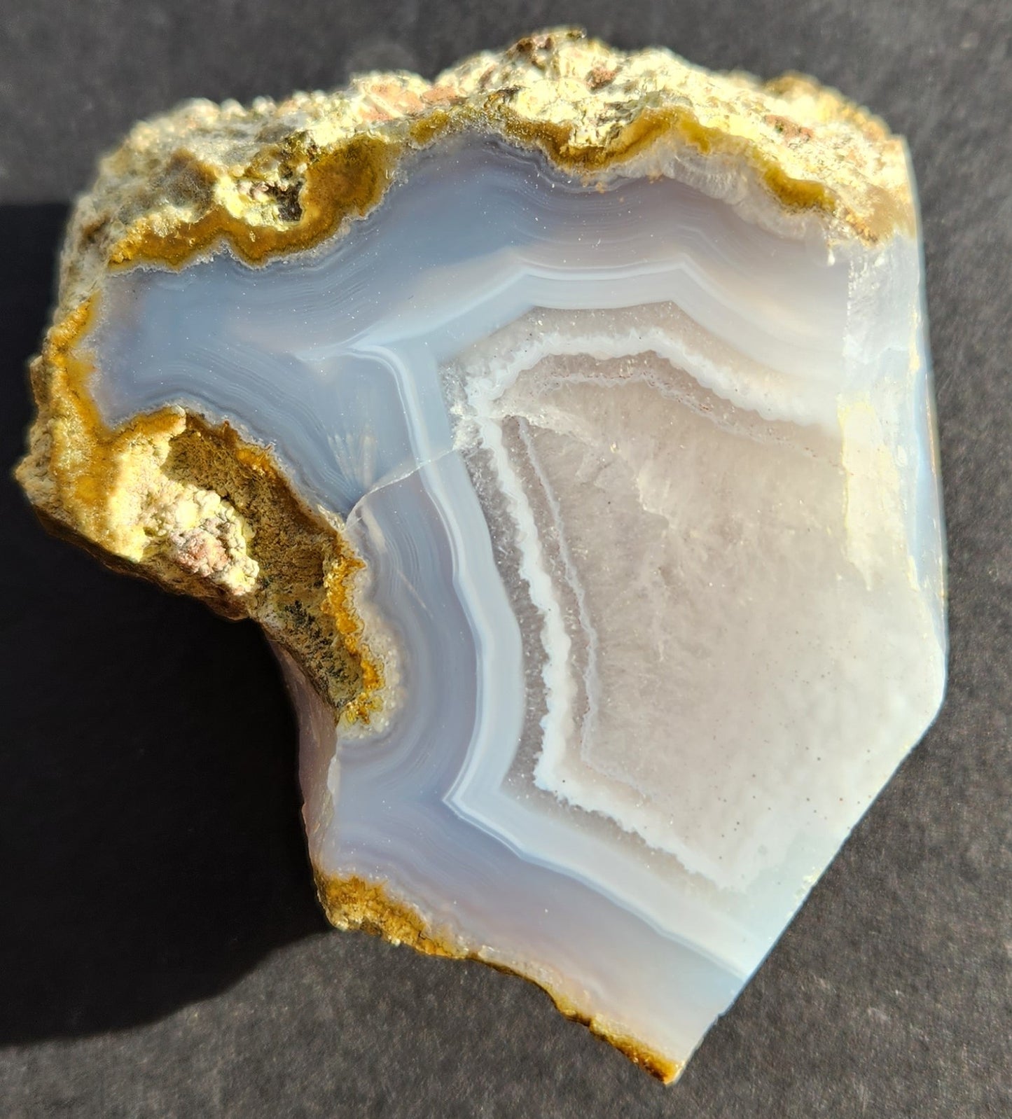 Polished Face Blue Agate with Fortifications and Crystal Pocket
